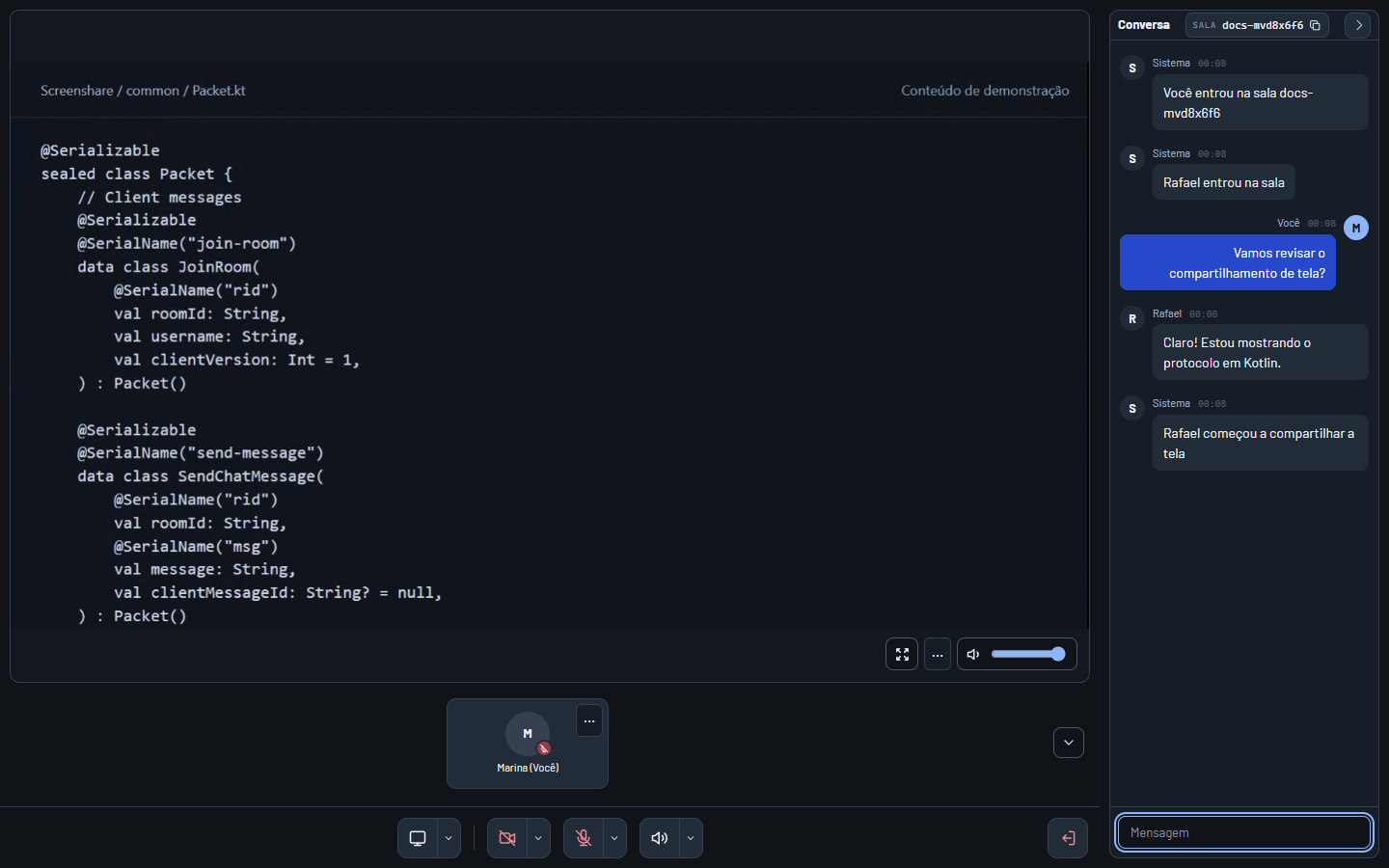 Screenshare showing a shared screen with chat on the right